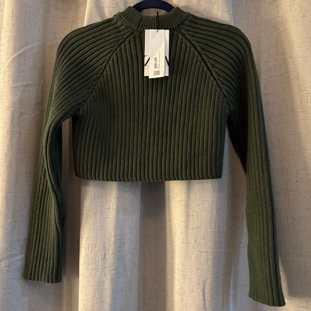 Zara Raglan Sleeve Cropped Dark Army/Olive Green Knit Sweater Size S NWT - Picture 4 of 4